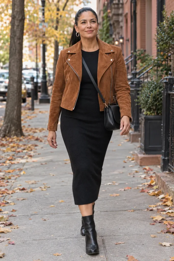 Woman over 50 in suede moto jacket