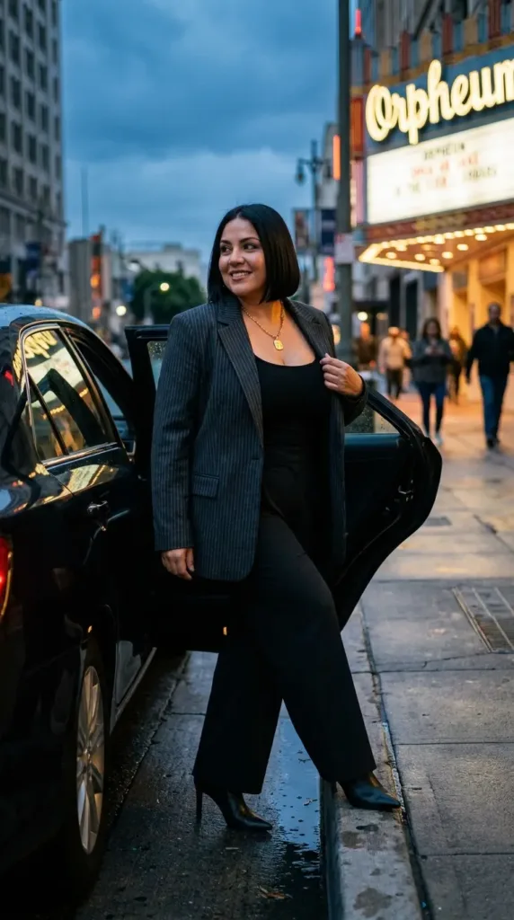 Curvy woman in charcoal pinstripe blazer and wide-leg trousers dressed for a concert date night