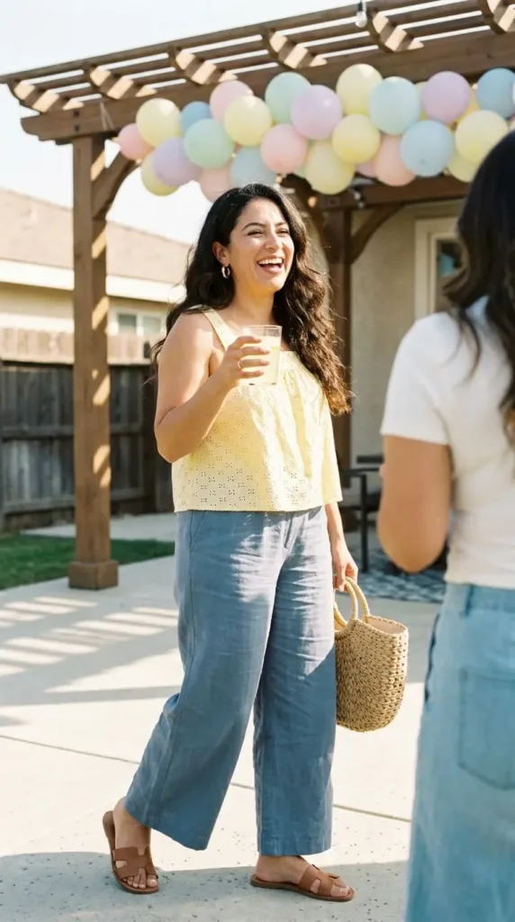Curvy woman in linen wide-leg pants and eyelet top, a summer baby shower outfit idea for guests
