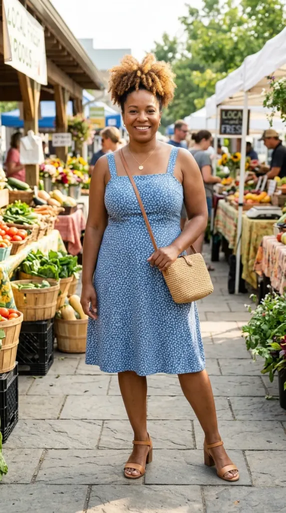 Plus-size petite woman in a cool blue A-line sundress and tan block heels at a summer farmers market