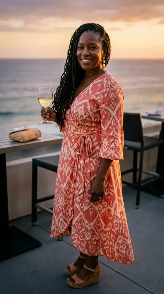 What to Wear on a Beach Vacation Over 50 11 Woman over 50 in a coral wrap midi dress on an Oceanview terrace, a dressy beach vacation outfit