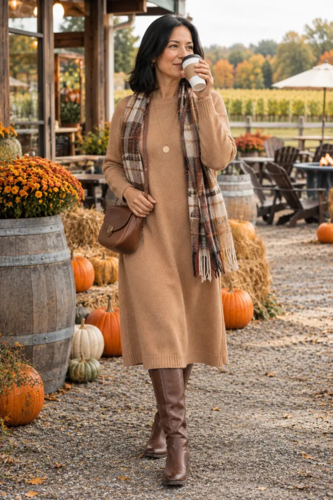 10 Amazing Pumpkin Patch Outfits for Women Over 50 6 Woman over 50 wearing sweater dress