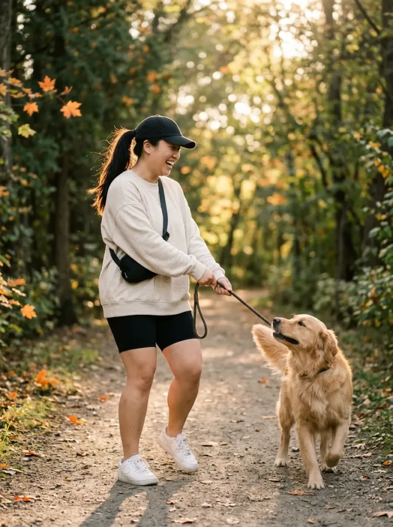 10 Early Fall Outfits for Curvy Women in Mixed Weather 5 Plus size oatmeal sweatshirt with black biker shorts and sneakers for a warm early fall walk