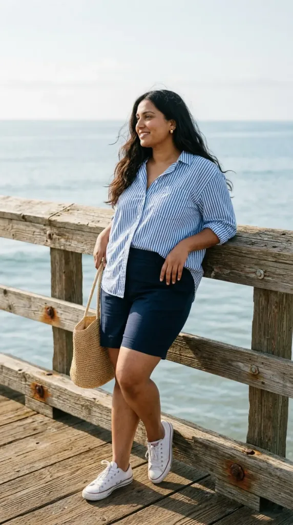 Woman in navy Bermuda shorts, striped button-down and white low-top Converse on a seaside pier