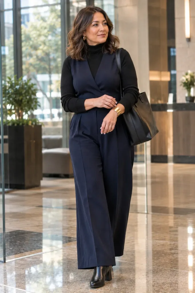 Warm and Polished Winter Work Outfit Ideas for Women Over 50 11 Tailored jumpsuit and turtleneck winter