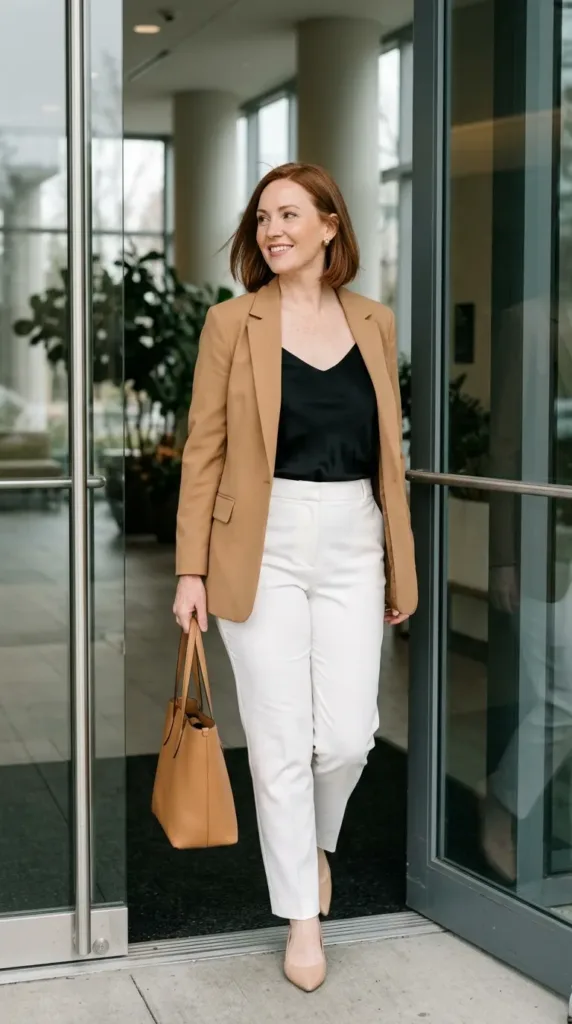 Midsize woman in white tailored trousers and a camel blazer outside an office