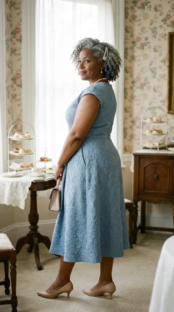 Woman in a cool-blue jacquard midi dress at a tea room, a dressy baby shower guest outfit