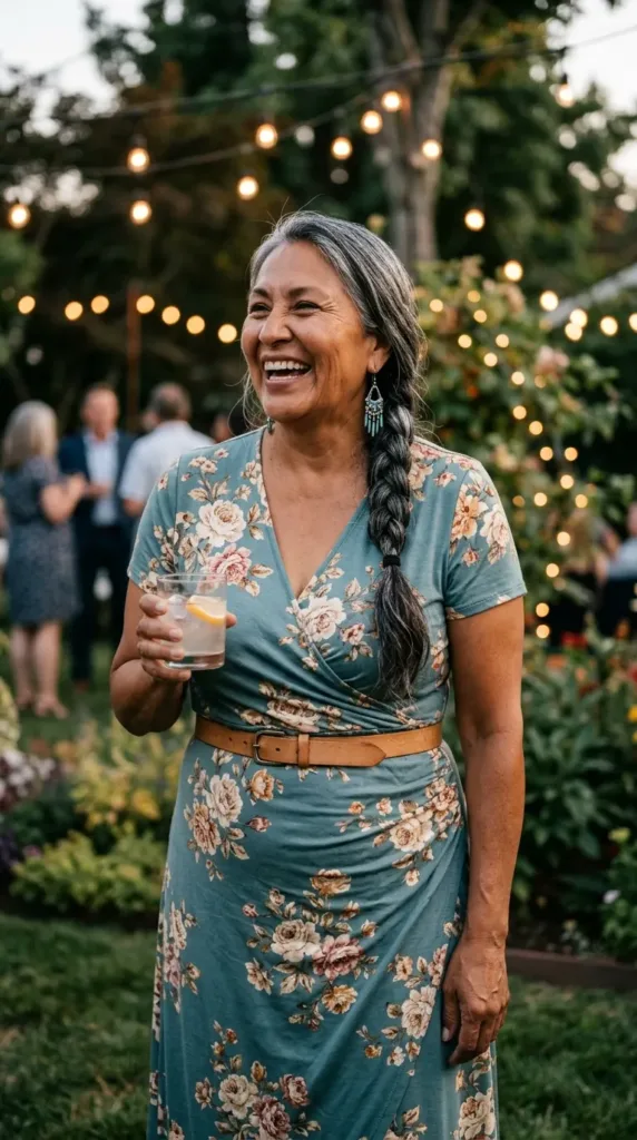 Affordable teal floral cocktail dress with rushed waist styled for a woman over 50