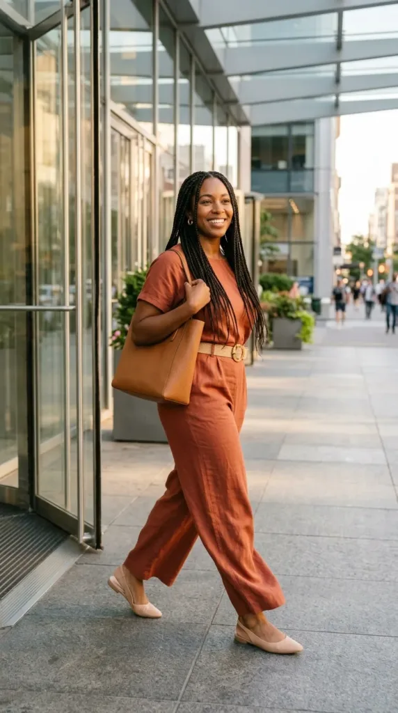Athletic-curvy woman in terracotta wide-leg jumpsuit with tan belt, an easy work-to-dinner date outfit