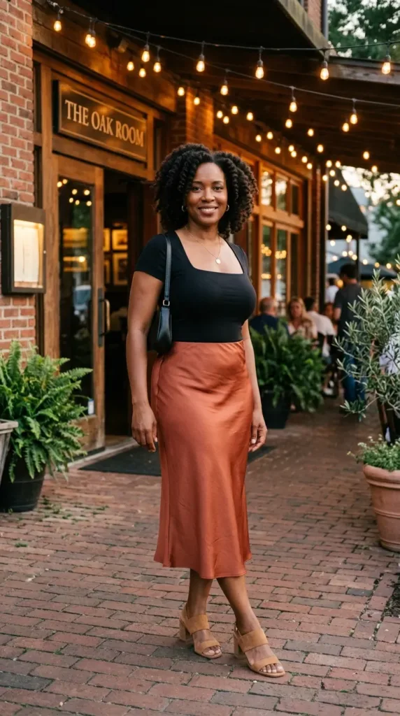 Midsize woman in a terracotta satin midi skirt and black top, a spring date night outfit