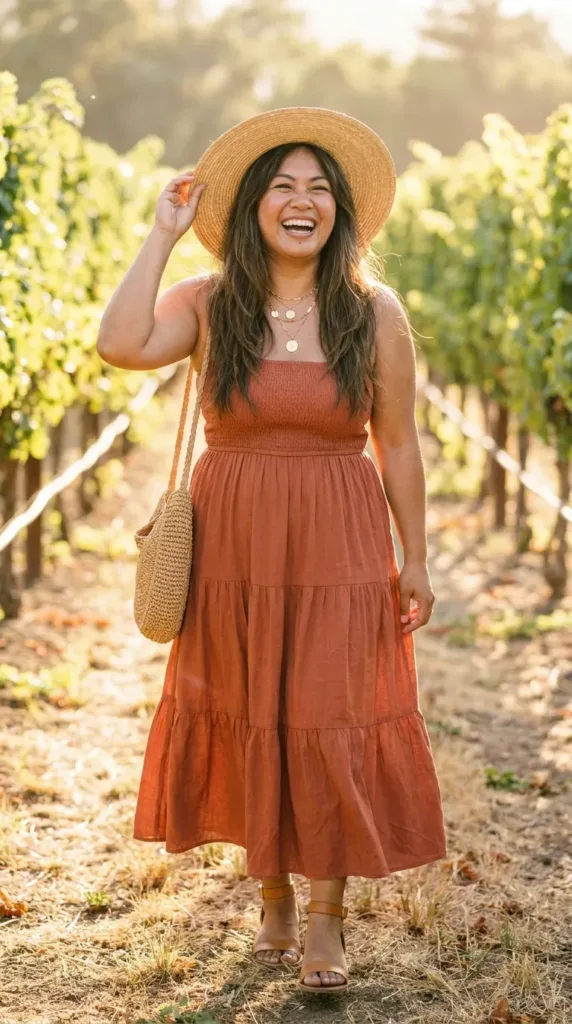 Woman in a terracotta tiered maxi gown and straw hat in a vineyard, a boho wedding guest outfit