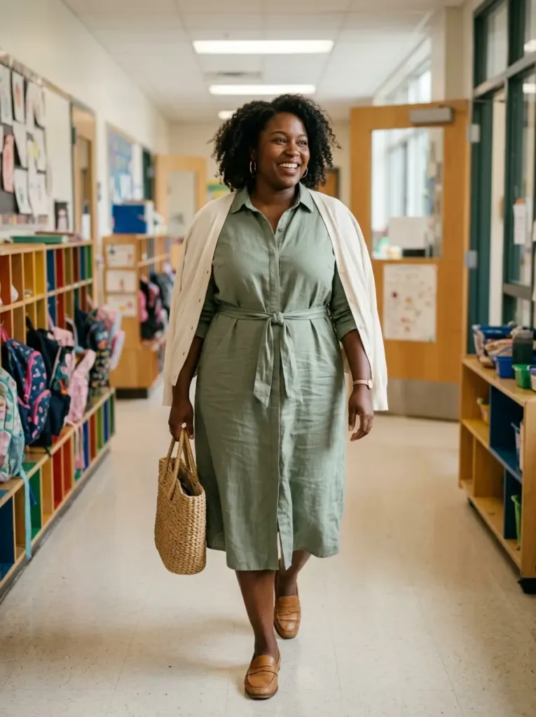 10 Early Fall Outfits for Curvy Women in Mixed Weather 2 Plus size woman in a sage green linen-blend shirt dress and cream cardigan for back-to-school night