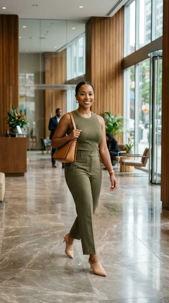 Petite woman in olive tonal tank and trousers with nude pointed mules, a petite fashion tip for looking taller