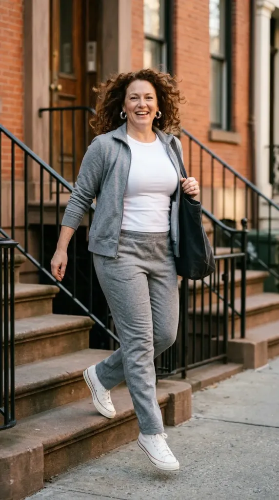 Curvy woman in heather-gray track set and white Chuck 70 Converse stepping down a city stoop