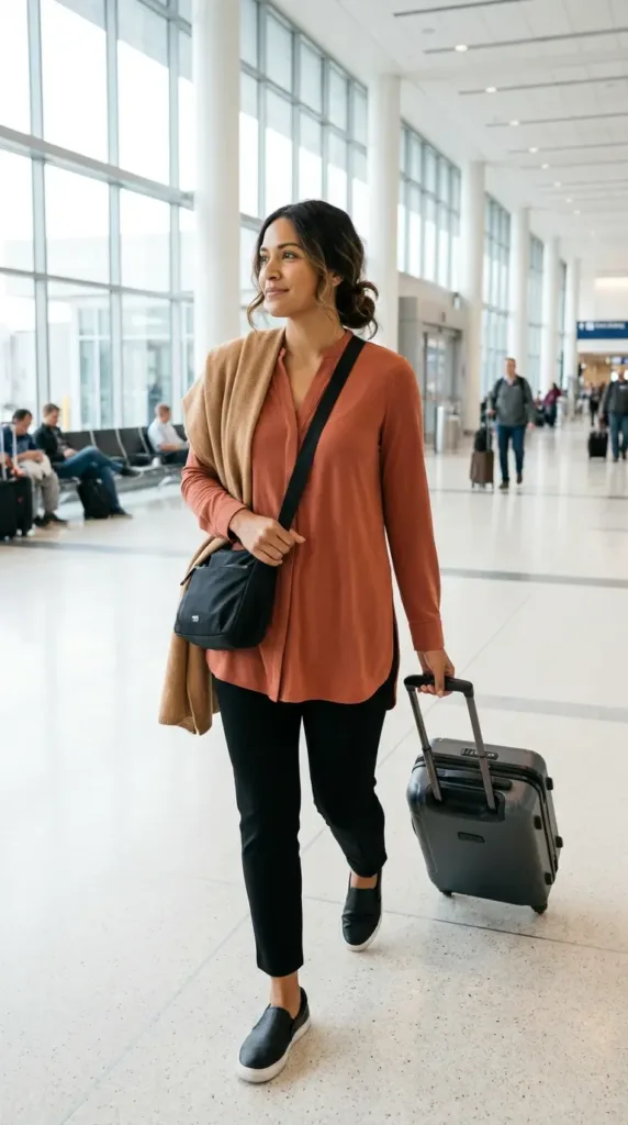 Petite curvy woman in a terracotta jersey blouse and black ankle pants, a comfortable travel work outfit