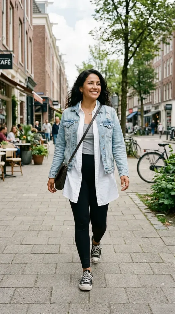Woman in light-wash denim jacket over long white shirt and black leggings on a city street