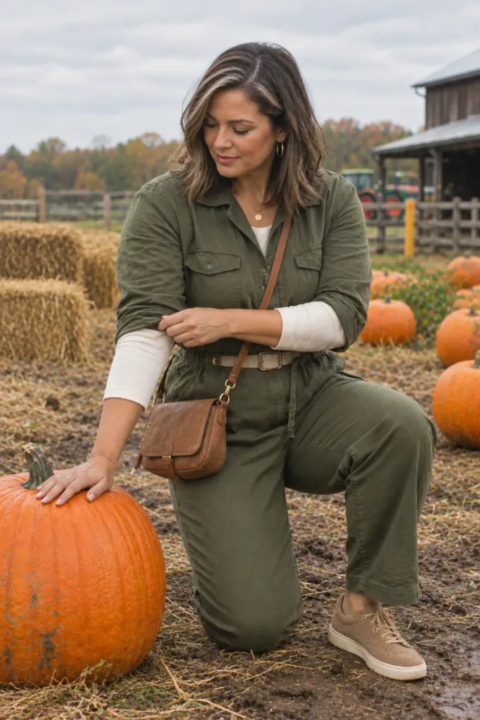 10 Amazing Pumpkin Patch Outfits for Women Over 50 4 Woman over 40 wearing olive utility jumpsuit