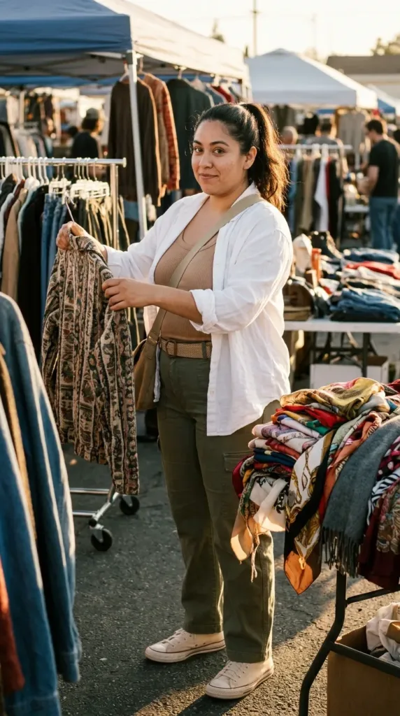 Woman in olive cargo pants, tan tank and cream low-top Converse at an outdoor thrift market