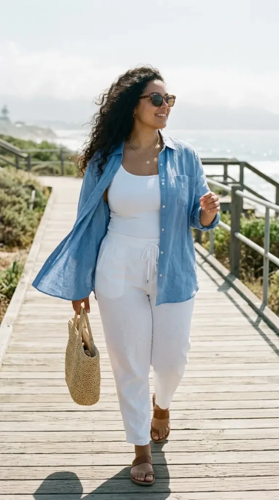 Plus-size woman in white linen pants and blue linen shirt on a seaside boardwalk