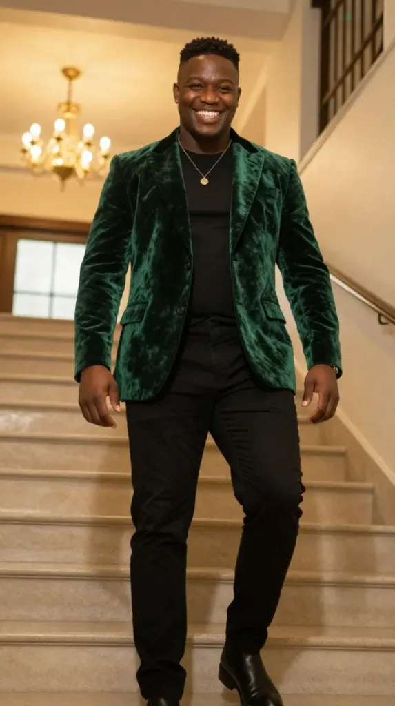 Man in deep green velvet blazer with black tee, a bold hoco outfit for men