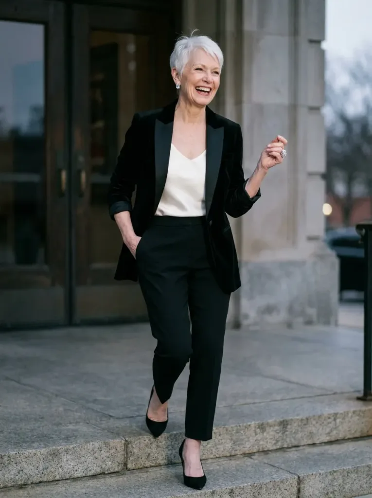 Woman over 50 in a black velvet tuxedo blazer, ivory silk shell and crepe trousers at an evening event