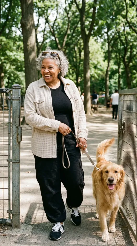 Woman in an oatmeal waffle-knit shacket, cargo pants and retro sneakers at a dog park gate