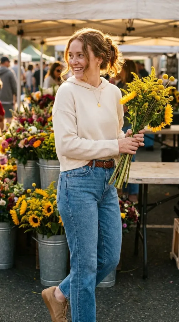10 Hoodie Outfits for Weekend Errands and Coffee Dates 3 Woman in a cream boxy hoodie, high-rise straight jeans and suede sneakers browsing a farmers market