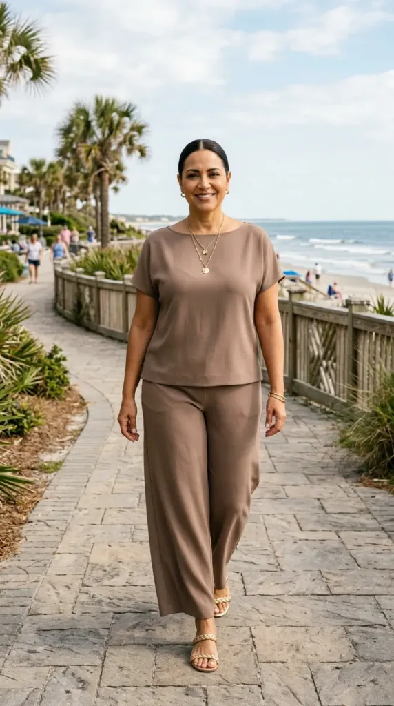 Woman in taupe wide-leg pant set with gold sandals, an elegant mother of the groom beach wedding outfit