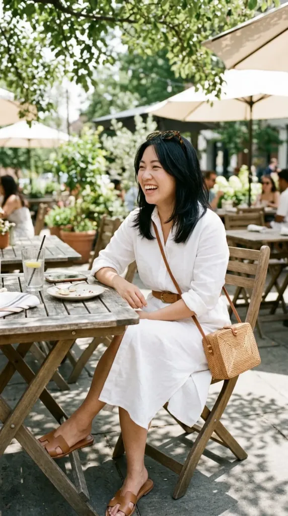 Petite-curvy woman in white linen shirt dress with tan belt and straw bag, a summer date outfit idea