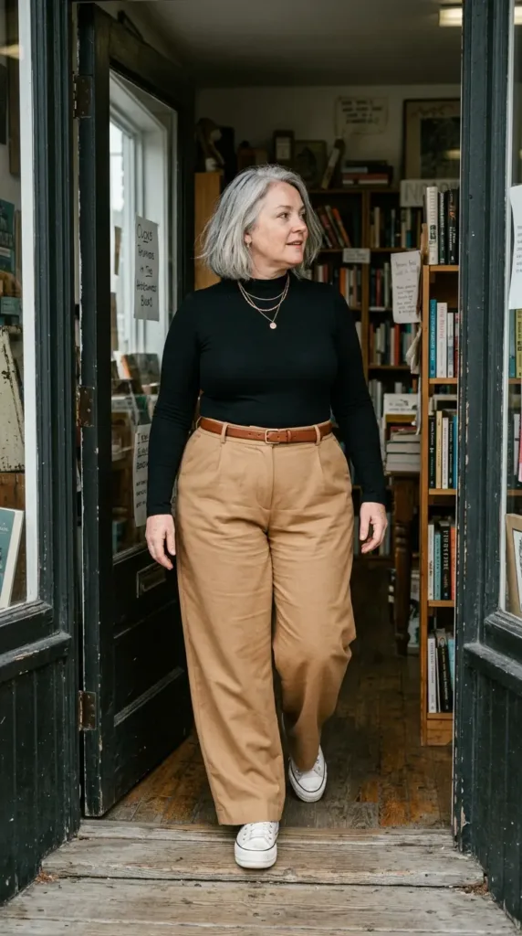Midsize woman in camel wide-leg trousers, black bodysuit and white platform Converse in a doorway
