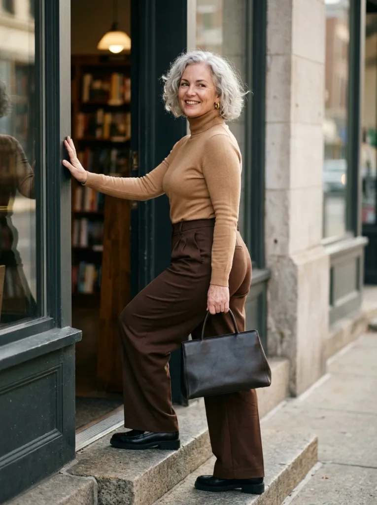 Woman in chocolate wide-leg trousers and a camel turtleneck wearing a simple autumn outfit for lunch