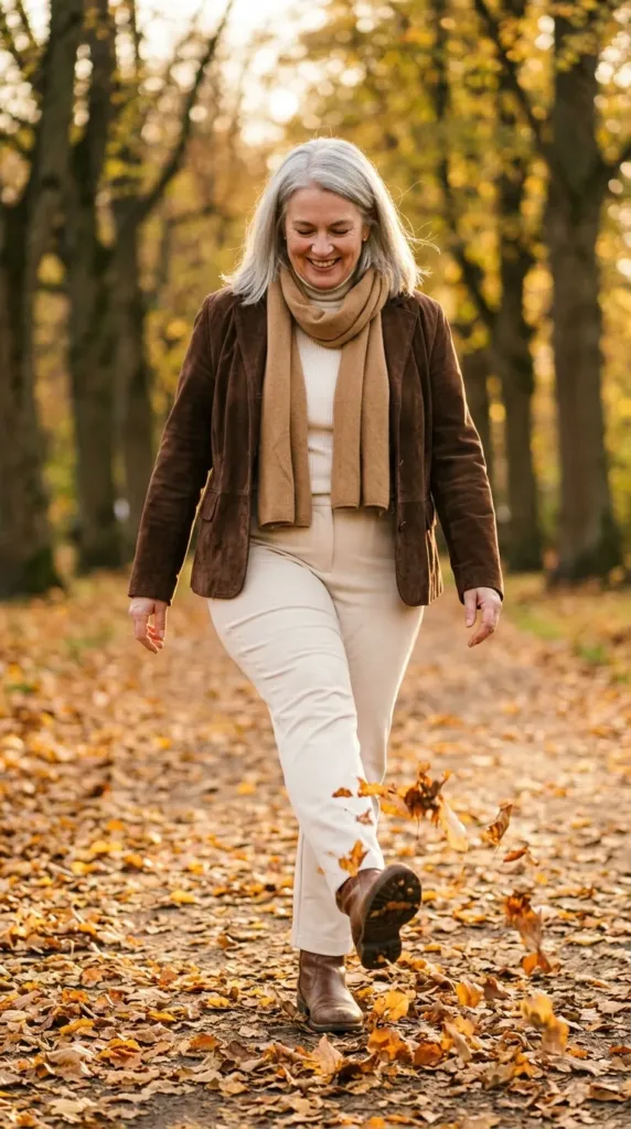 Plus-size woman in cream Ponte pants, ivory turtleneck and brown suede jacket in fall