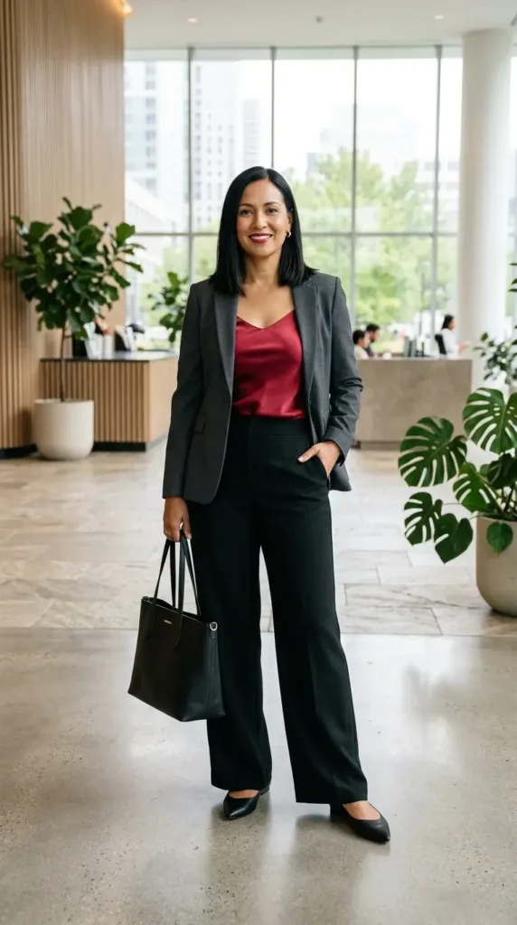 Black wide-leg trousers with ruby satin kami and blazer, work to Valentine dinner outfit for women over 40