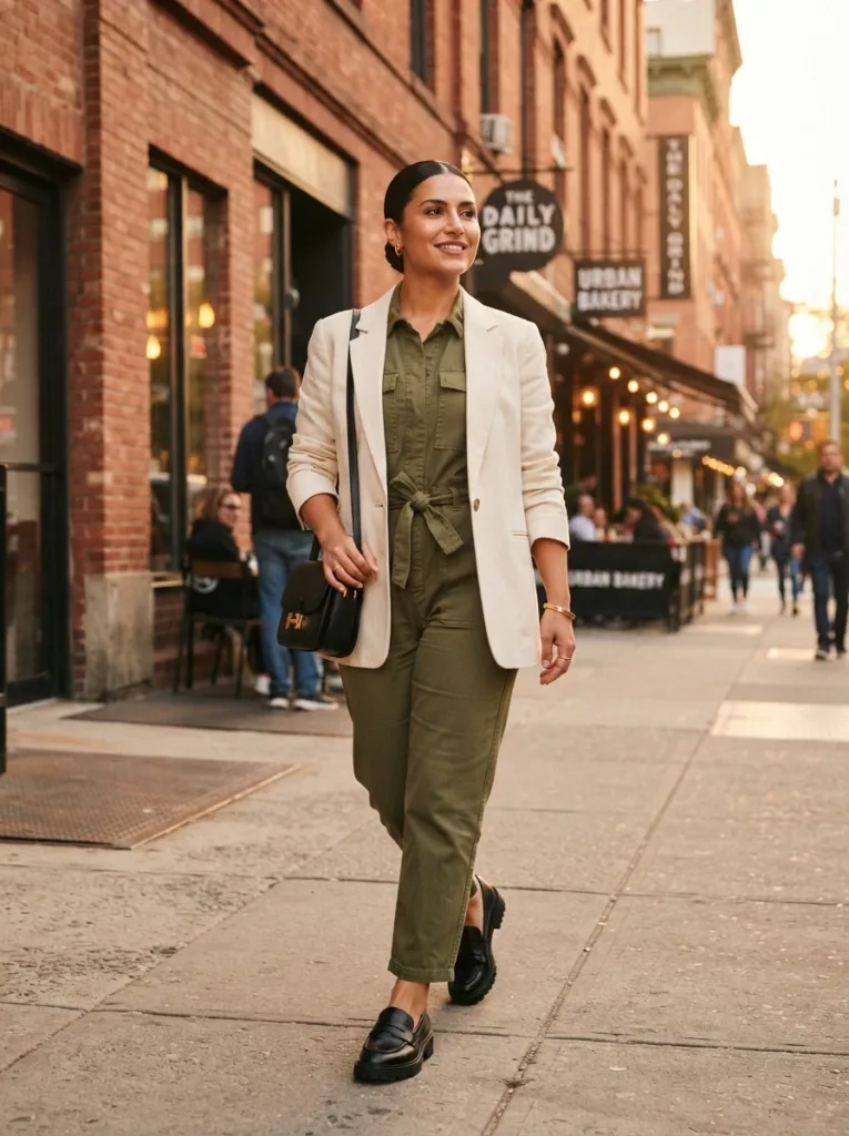 Plus Size Autumn Outfits Women Will Actually Wear (10 Looks) 7 Plus size fall work outfit with olive jumpsuit, cream blazer, and black lug-sole loafers on a city street