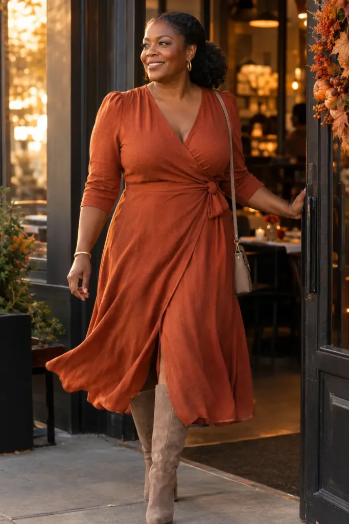 Woman over 50 in rust wrap dress