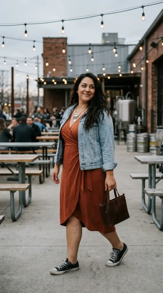 Curvy woman in rust wrap dress, denim jacket and black low-top Converse on a patio