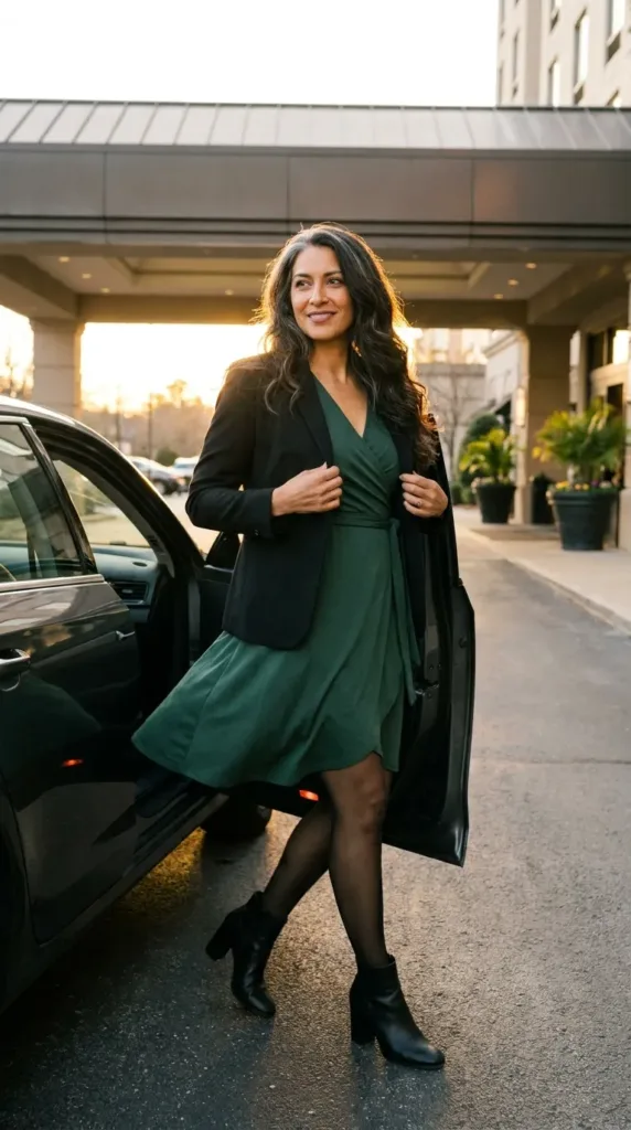Woman over 50 wearing a green wrap dress and black blazer, walking into a conference hotel