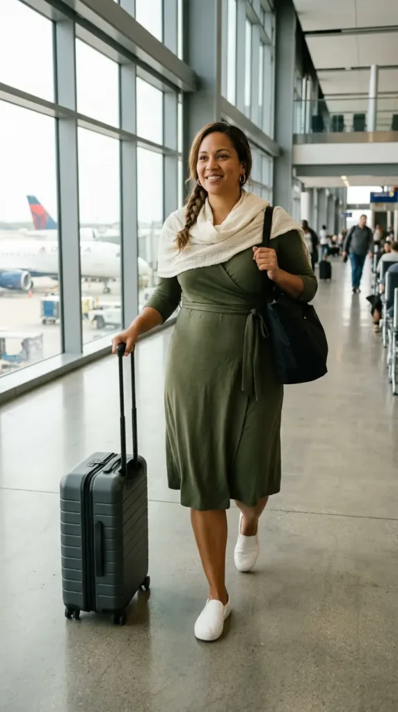 Woman in an olive jersey wrap dress with a cream paniolo scarf walking through an airport