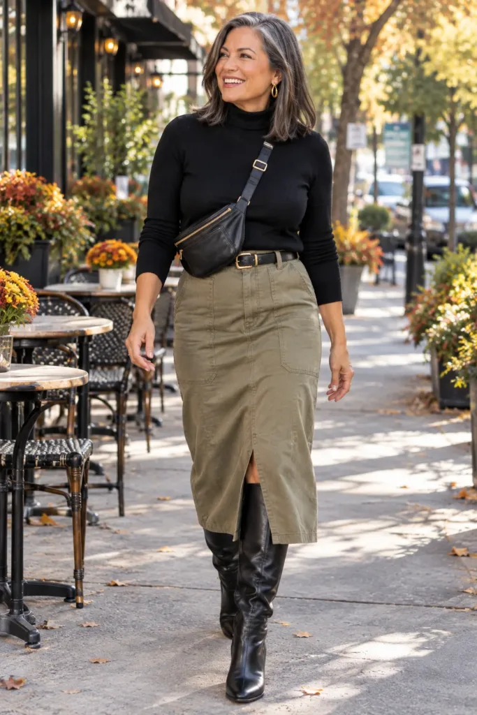 Khaki midi skirt and black turtleneck