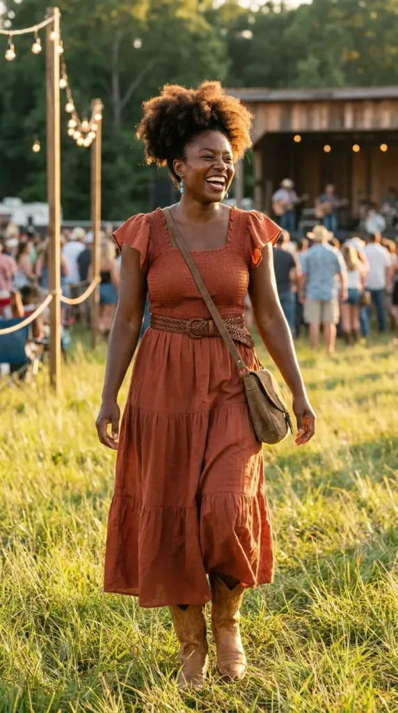Curvy woman in a rust tiered maxi dress and tan cowboy boots, a boo western outfit for a country concert