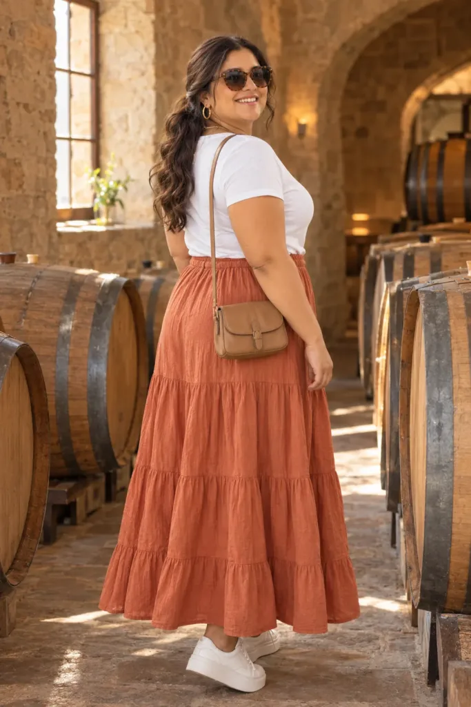 Plus size winery outfit with a terracotta tiered maxi skirt and white sneakers in a barrel room