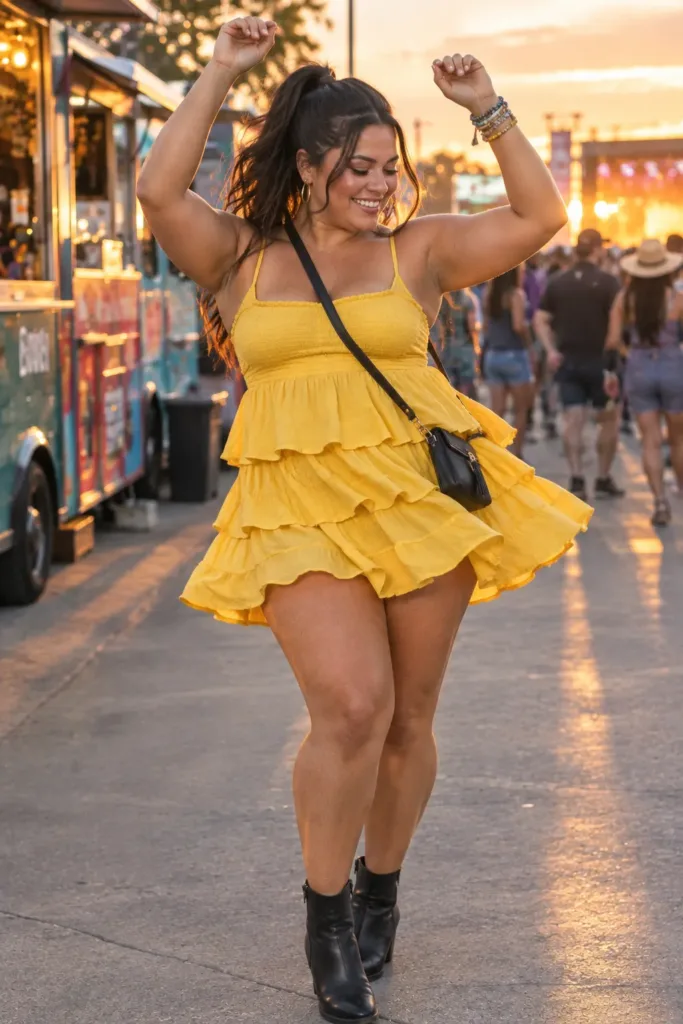 10 Stunning Plus Size Concert Outfits That Beat the Summer Heat 8 Plus size woman in yellow tiered mini dress and black boots at a summer country concert