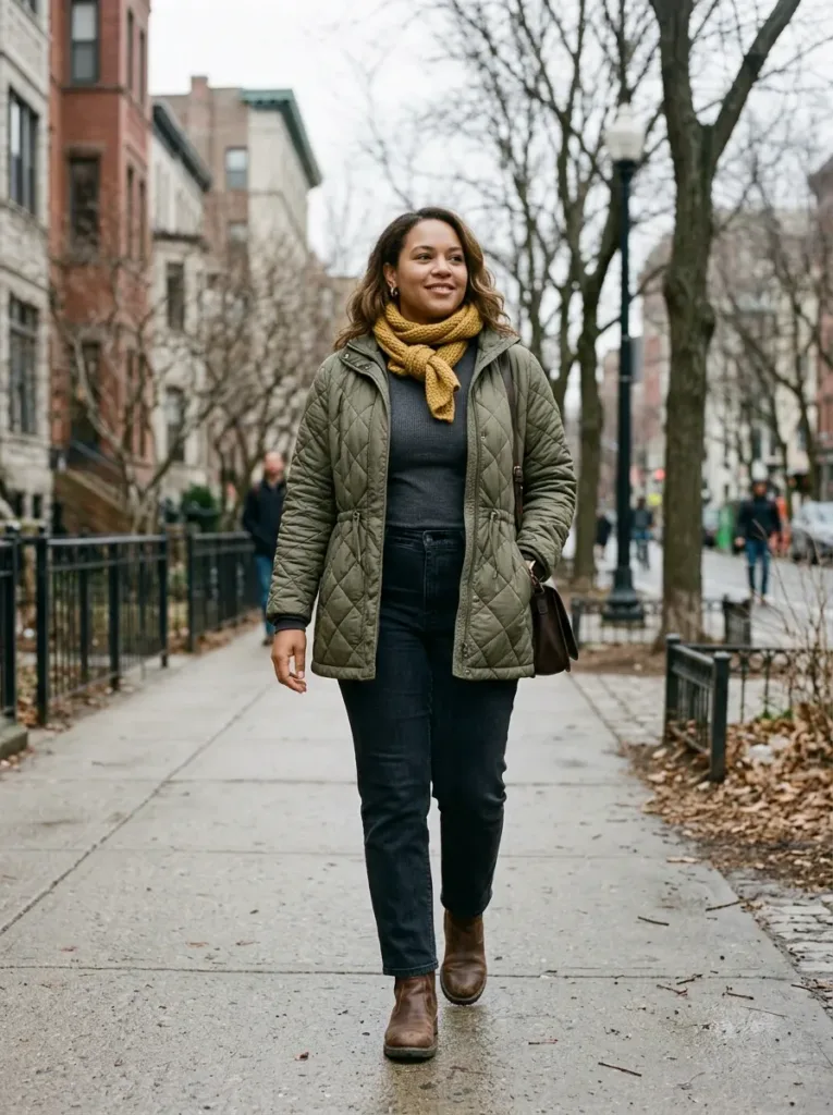 Plus size transitional jacket outfit for cold spring weather