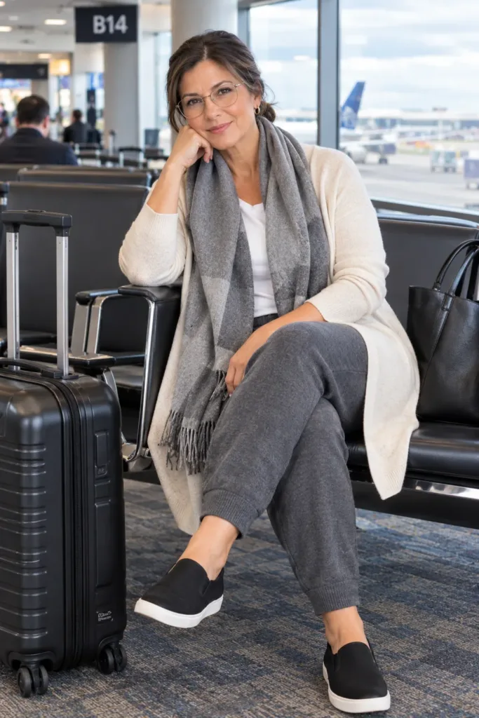 10 Fall Outfits That Flatter a Tummy Over 50 and Easy Styling Ideas for Women 7 Midsize woman over 50 in charcoal joggers