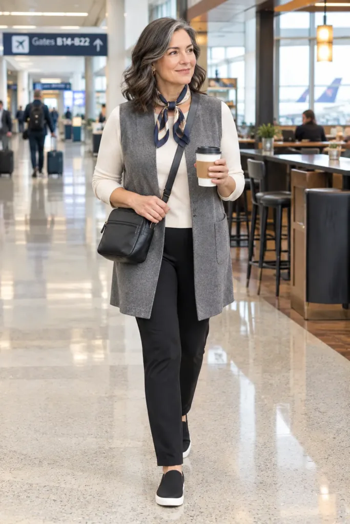 Gray vest and black ponte pants