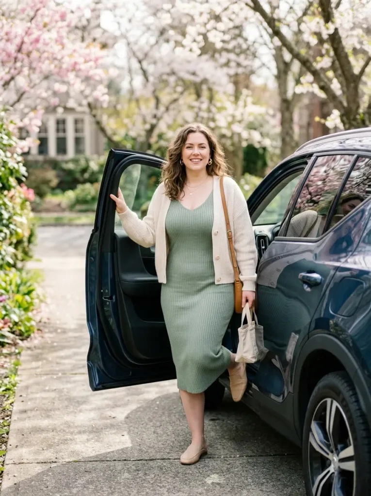 Plus size travel outfit for driving to family Easter dinner