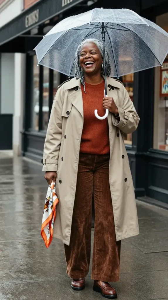 Woman in stone trench coat, rust sweater and wide-leg corduroy pants in an old money fall outfit