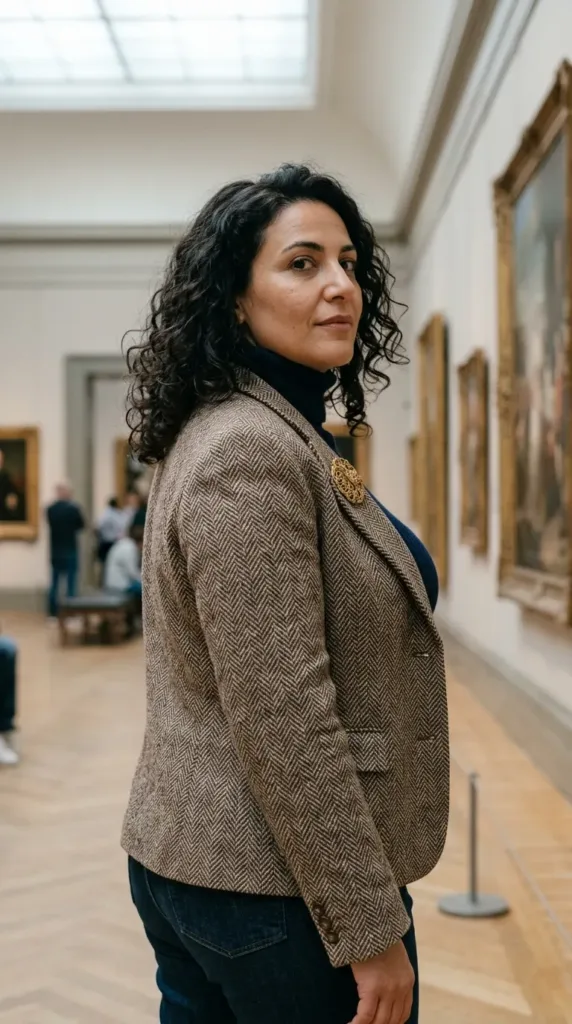  Curvy woman in herringbone tweed jacket, navy turtleneck and dark jeans in an art gallery