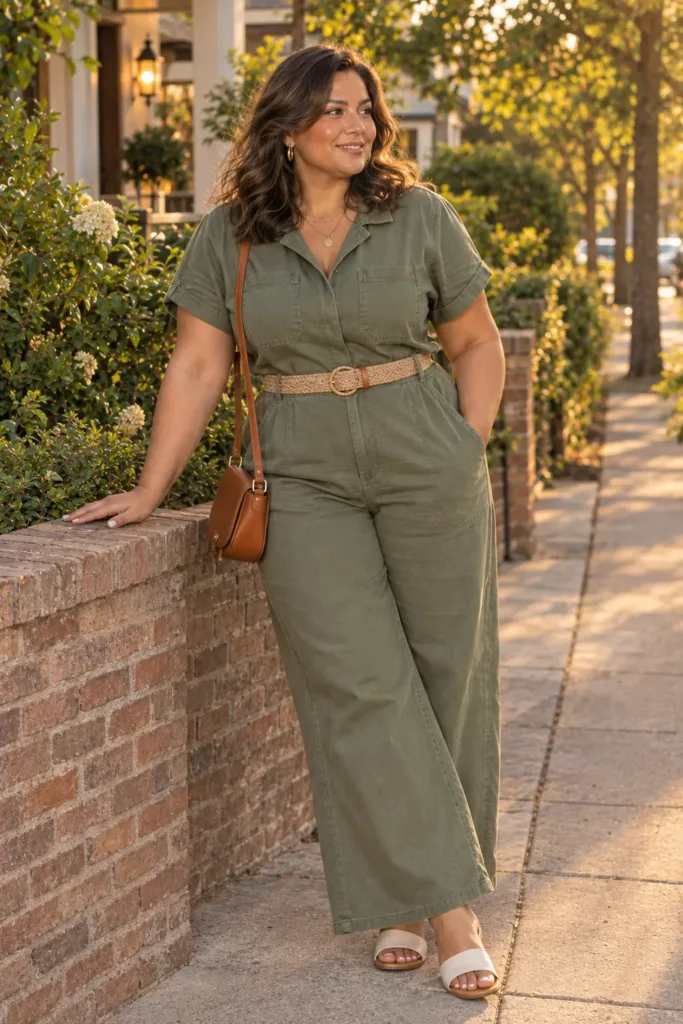 10 Plus Size Summer Going Out Outfits You'll Love 7 Sage green wide-leg utility jumpsuit with tan belt, budget plus size summer going out look