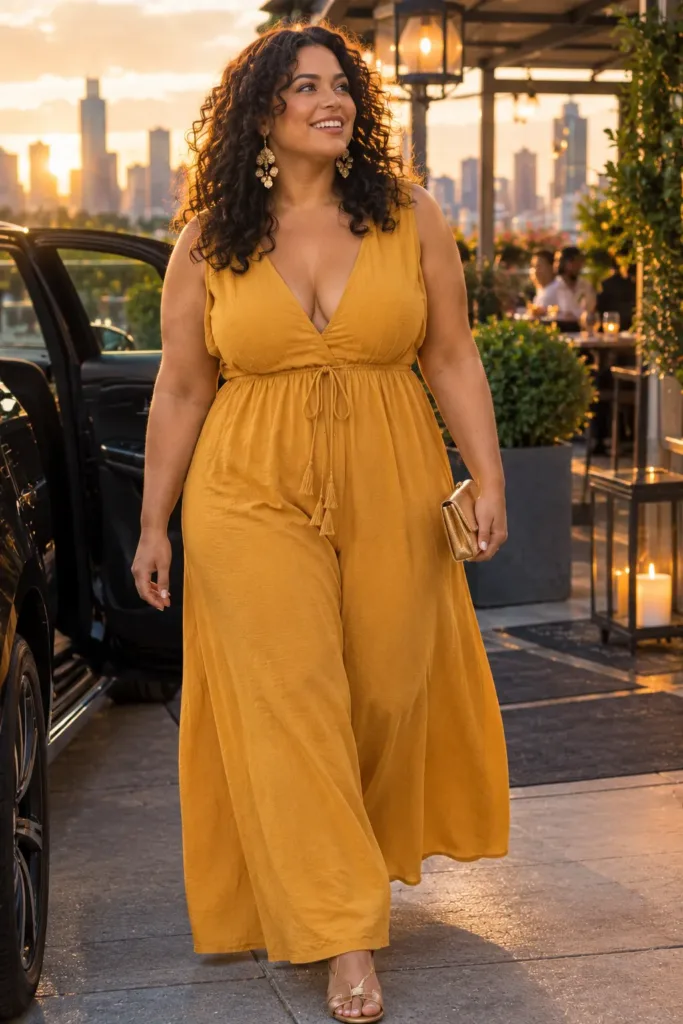 Curvy woman in a marigold wide-leg jumpsuit stepping out for dinner, apple shape summer outfit